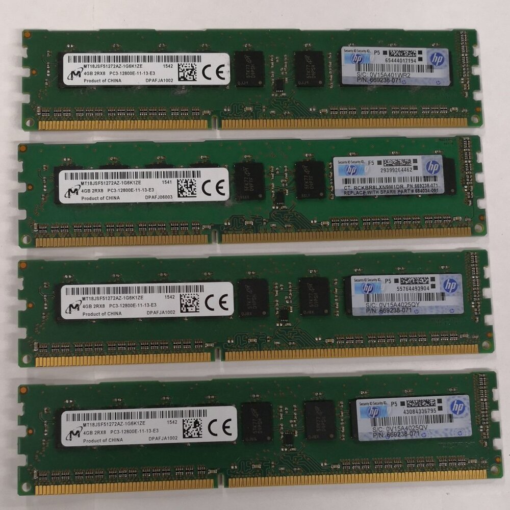 Lot of 4 Used Micron 4GB PC3-12800U-11-13 Ram Kit.